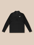 Close up of black Adapt Training 1/4 Zip Top showing stand collar quarter zipper and white logo on chest