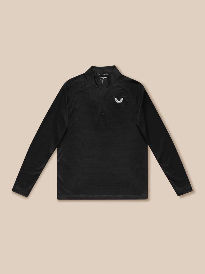 Close up of black Adapt Training 1/4 Zip Top showing stand collar quarter zipper and white logo on chest