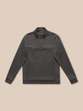 Front view of a charcoal Flex Quarter Zip top laid flat with zip pockets and chest branding