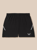 Waistband close up of black Apex shorts with zip pockets and Castore logo near the hem