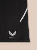 Side view of black Apex shorts highlighting the white curved side stripe and Castore branding