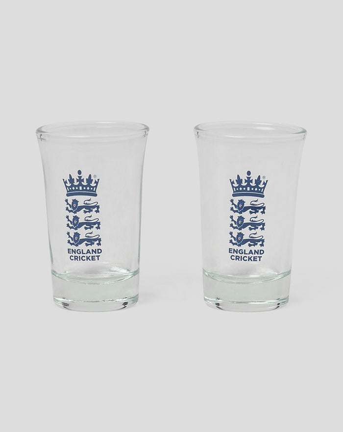 Pair of clear shot glasses featuring the England Cricket crest in blue