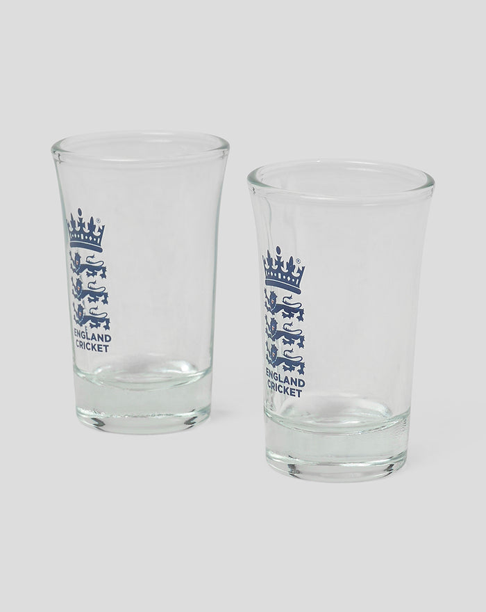 Two clear glasses with blue England Cricket crest printed on the side