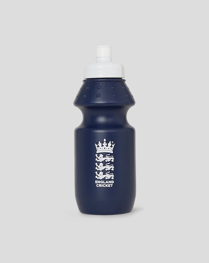 Navy blue plastic kids water bottle with white top and England Cricket crest on the front