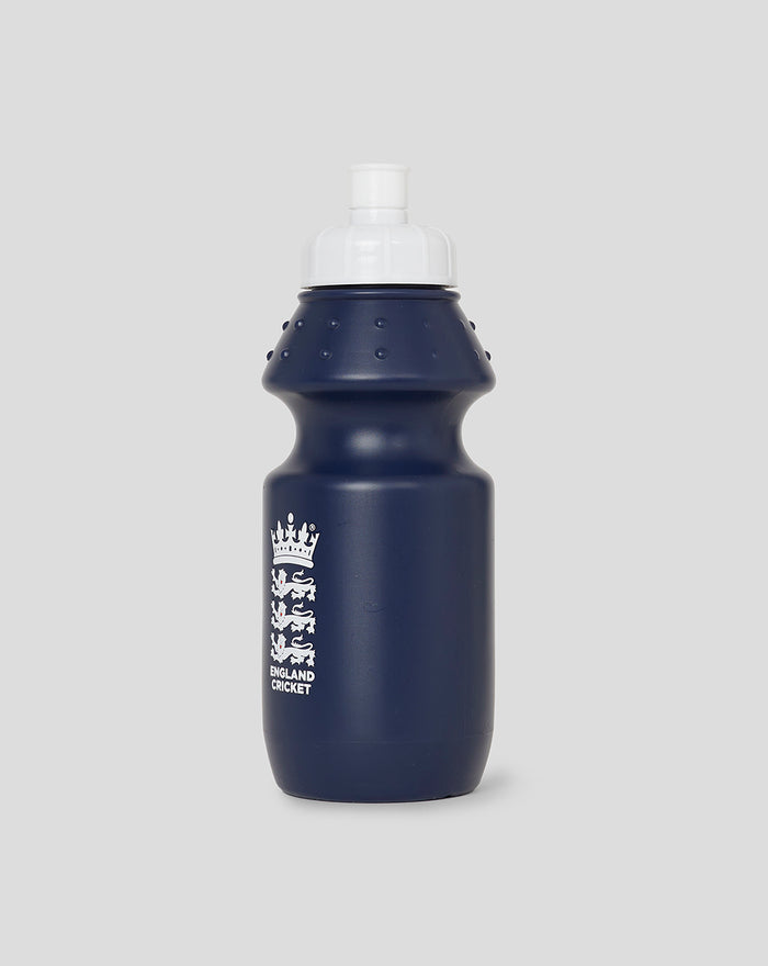 Side front view of the navy blue plastic kids water bottle with white cap and England Cricket logo