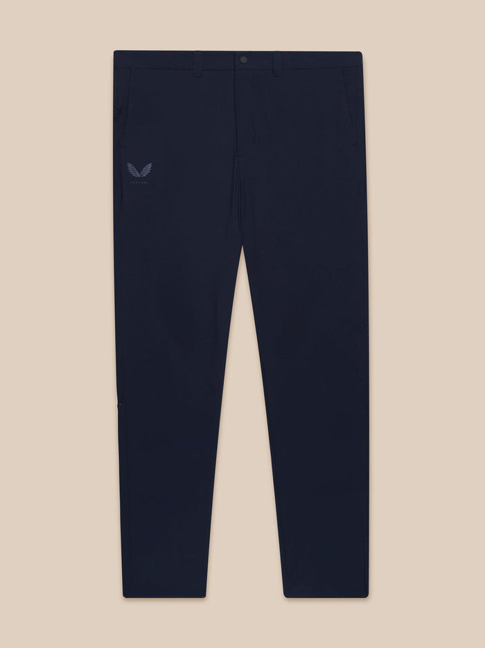Midnight navy golf trousers with Castore logo, ProTek water resistant fabric, front pockets and back welt pocket.