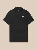 Close-up of the black striped Pinnacle Polo showing the chest logo on the left side.