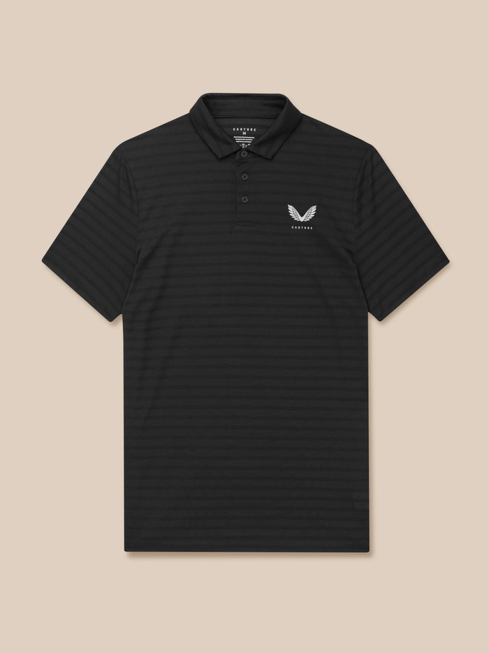 Close-up of the black striped Pinnacle Polo showing the chest logo on the left side.