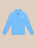 Close up of Castore Golf Club Classic 1/4 Zip Top in blue highlighting funnel collar and front zip with chest logo