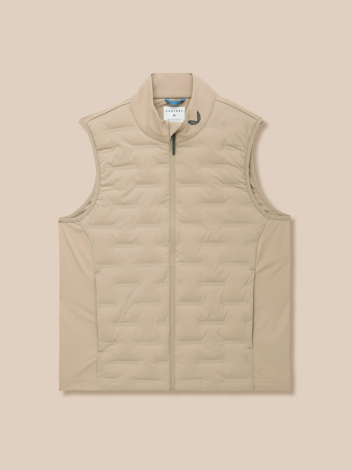 Beige Castore Golf Pinnacle lightweight hybrid gilet with full front zip and quilted front panel