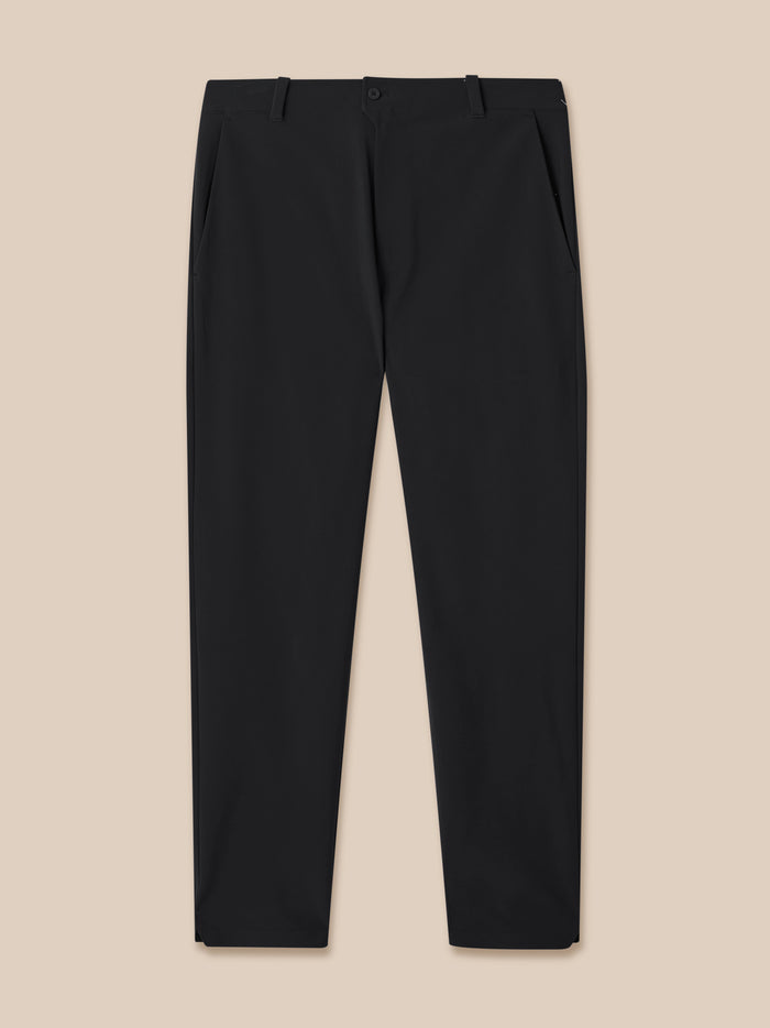 Front view of black Castore Golf Pinnacle Winter Trouser showing waistband with button and front pockets