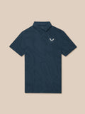 Close-up of Golf Pinnacle Glow Polo in Midnight Navy showing collar and striped knit with Castore logo.