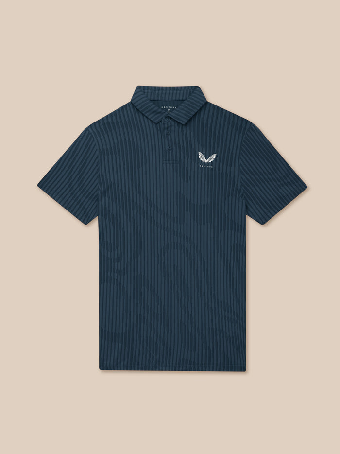 Close-up of Golf Pinnacle Glow Polo in Midnight Navy showing collar and striped knit with Castore logo.