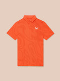 Front view of a bright orange Pinnacle Glow Polo with striped pattern and left chest Castore logo
