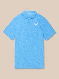 Front view of Golf Club Glow Printed Polo in Cool Blue and White with three button placket and subtle logo print.