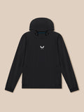 Front view of black hooded jacket with small white Castore crest at the chest.