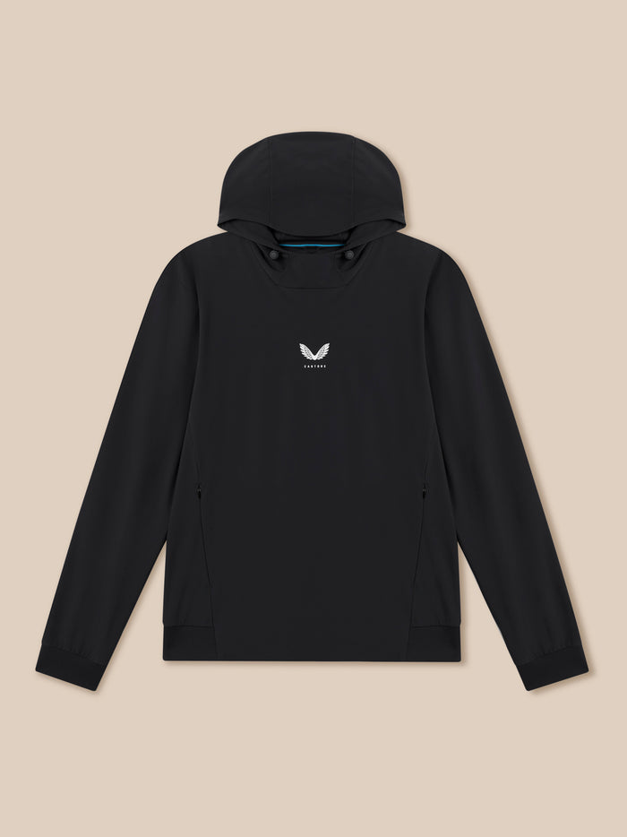 Front view of black hooded jacket with small white Castore crest at the chest.