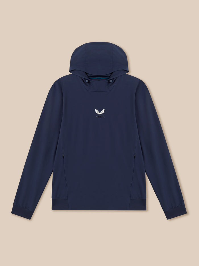 Back view of Midnight Navy Golf Pinnacle Performance Hoodie with hood up