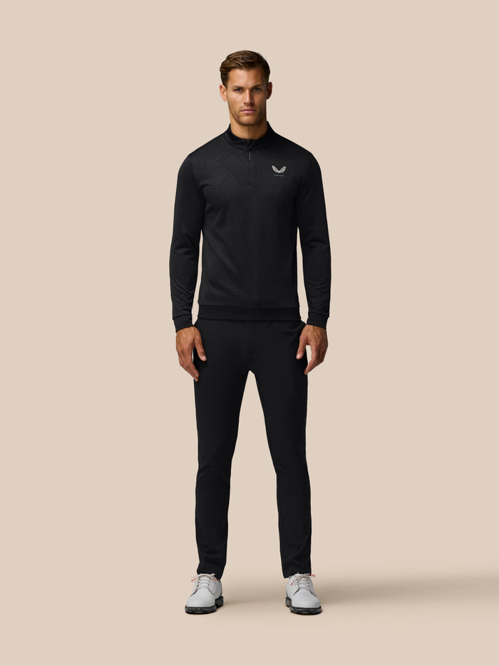 Full-body view of male model in black Golf Club Classic 1/4 Zip Debossed Top with all over print