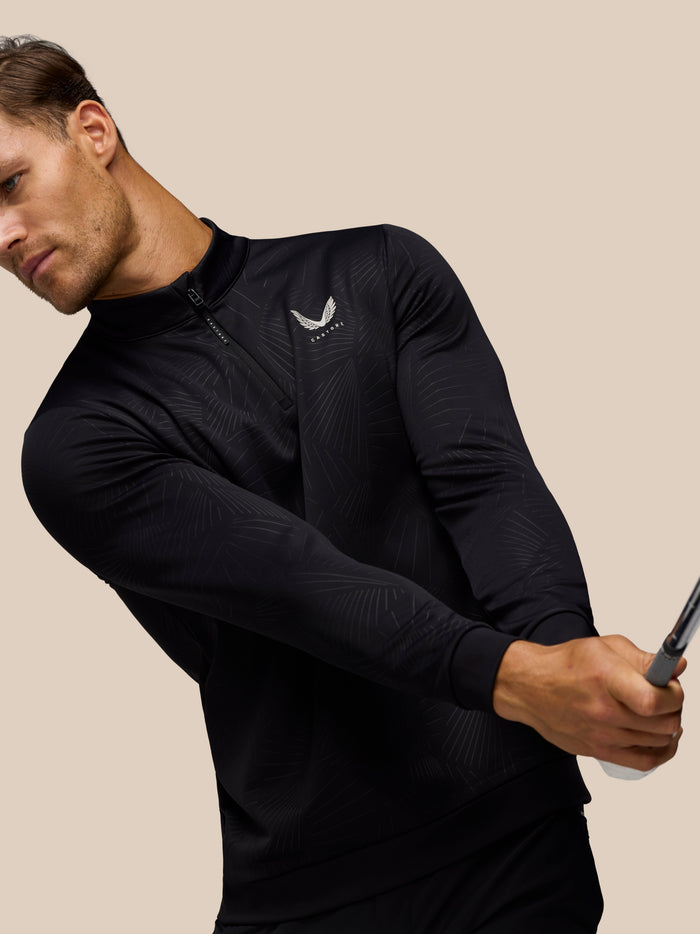 Close-up side view of male model wearing black Golf Club Classic 1/4 Zip Debossed Top with zip detail