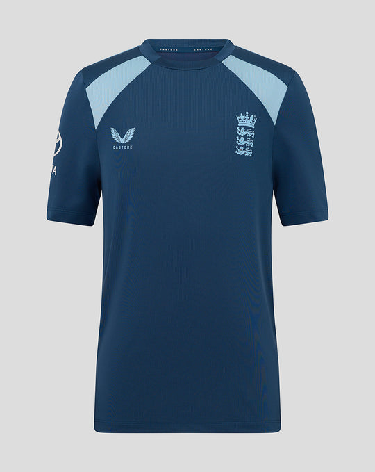 Back view of Junior 26/27 Training Short Sleeve T Shirt in blue with light blue shoulder panels and England crest.