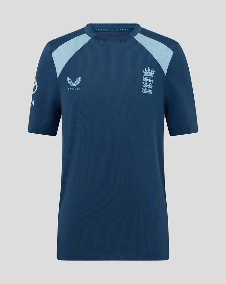 Back view of Junior 26/27 Training Short Sleeve T Shirt in blue with light blue shoulder panels and England crest.