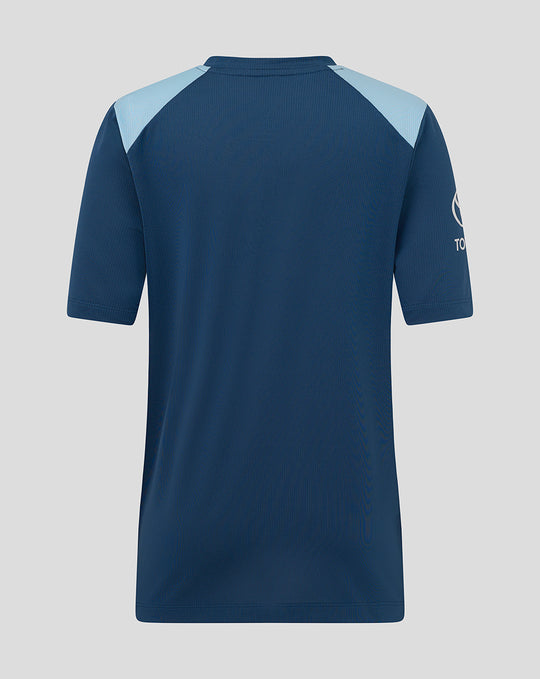 Back view of Junior 26/27 Training Short Sleeve T Shirt in blue with contrasting light shoulder panels.