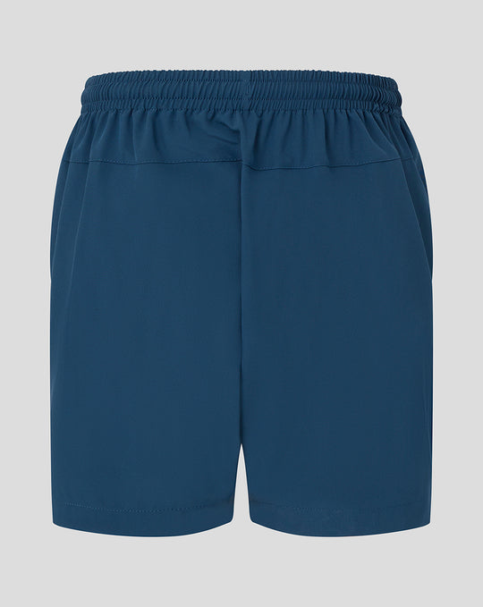 Back view of blue Junior 26/27 Training Shorts with an elastic waistband.