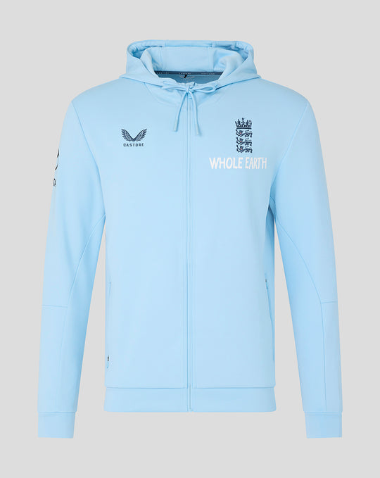 Light blue Travel Flex full zip hoodie with high collar, England crest and Whole Earth branding on the chest