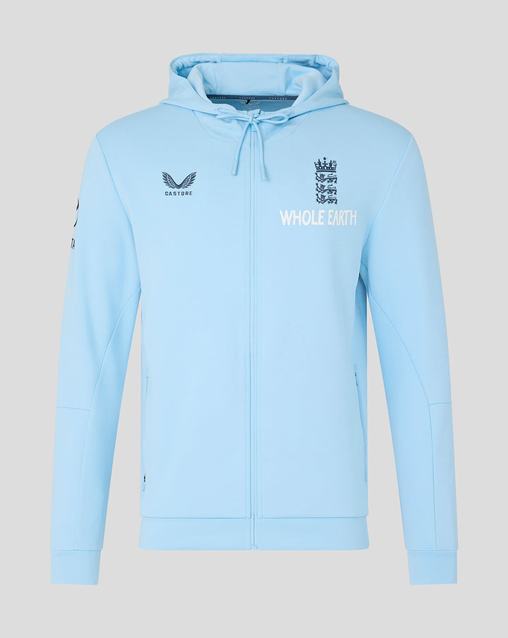 Light blue Travel Flex full zip hoodie with high collar, England crest and Whole Earth branding on the chest