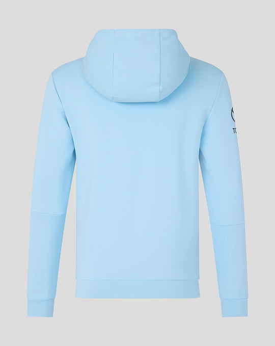 Back view of light blue Travel Flex hoodie with hood and clean hem