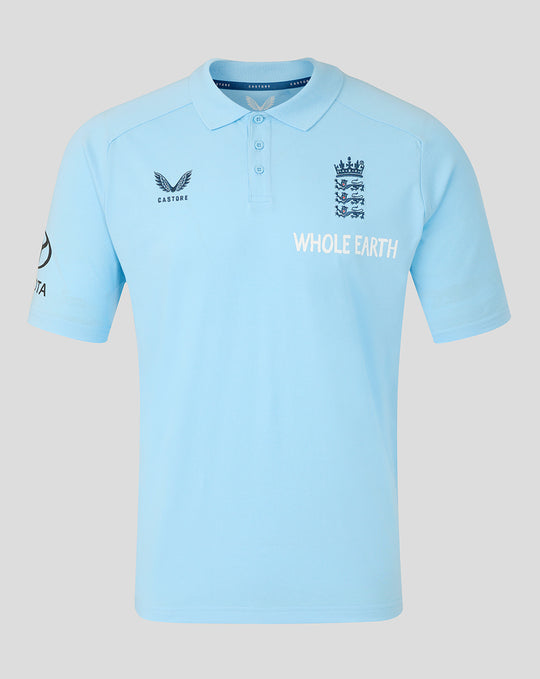 Front view of light blue travel polo with navy Three Lions crest on the chest