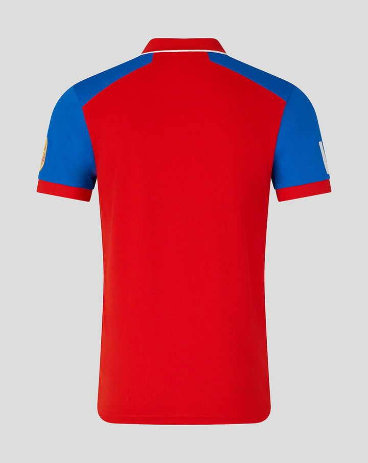 Back view of England men's T20 shirt in red with blue shoulders and contrast trim