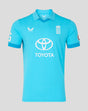 Front view of Mens 26/27 ODI Short Sleeve Shirt in vibrant blue featuring the England crest and Toyota logo