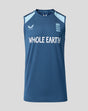 Front view of blue sleeveless training top with England cricket crest and Whole Earth branding