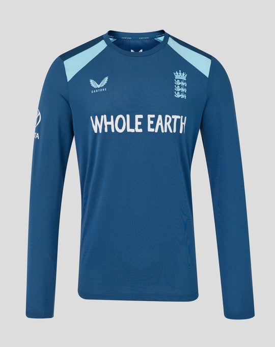 Blue training long sleeve shirt with embroidered Three Lions crest on chest and Whole Earth slogan across front