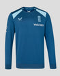 Front view of blue training sweatshirt with light blue shoulder panels and Three Lions crest on chest