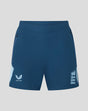Blue women's training shorts with light blue side panels and a Three Lions crest on the leg