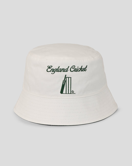 White retro bucket hat with embroidered England Cricket crest and vintage styling.