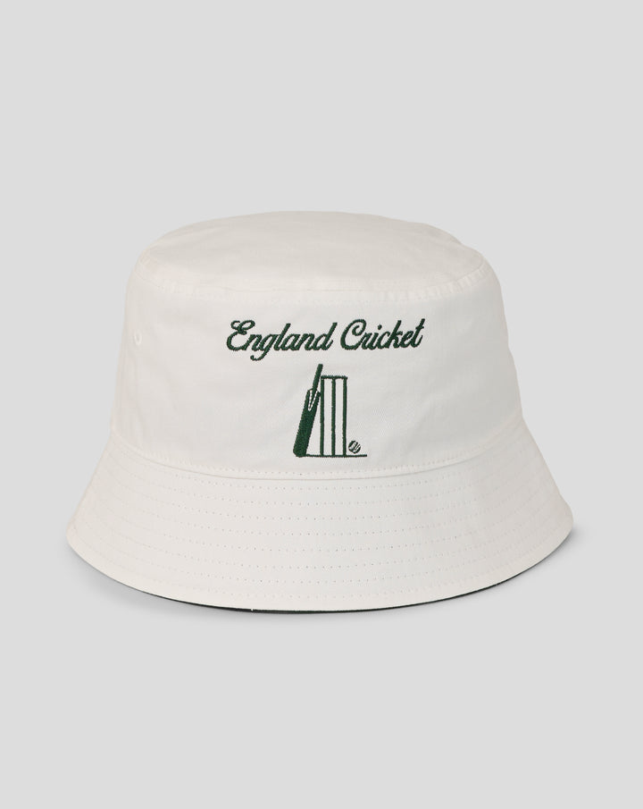 White retro bucket hat with embroidered England Cricket crest and vintage styling.