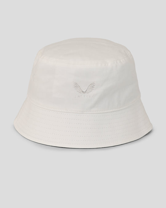 White retro bucket hat front view with embroidered England Cricket crest.