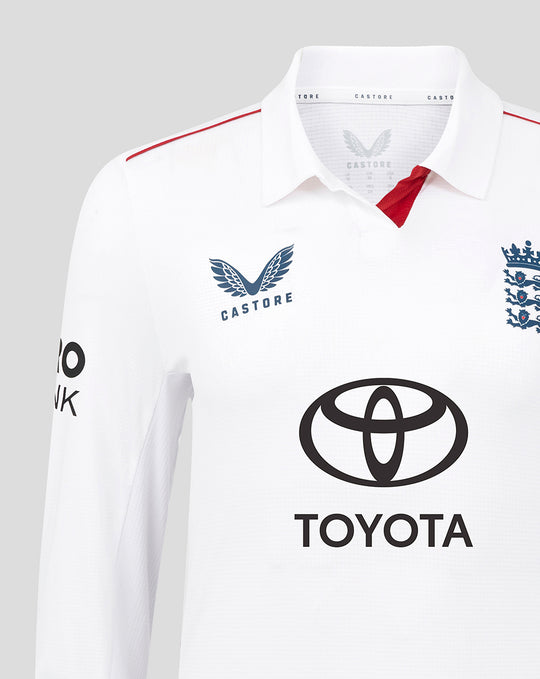 Front view of white England cricket Test Pro long sleeve shirt showing crest, Castore logo and Toyota sponsor.