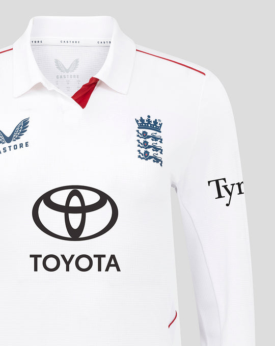 Close up of the upper chest on the white England cricket Test Pro shirt with crest and Toyota logo.