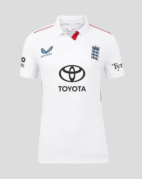 Front view of white England women's Test cricket short sleeve shirt with navy crest and Toyota sponsor