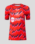 Red Welsh Fire training T shirt with crest and Vitality sponsor and geometric pattern