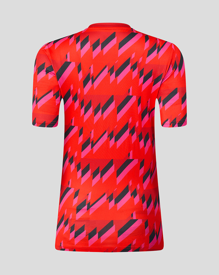 Back view of the Welsh Fire The Hundred 2026 short sleeve training T shirt featuring a bold red pink black geometric print
