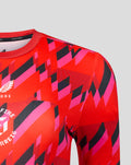Shoulder and neckline close up of the Welsh Fire training shirt with bold geometric print and Castore branding