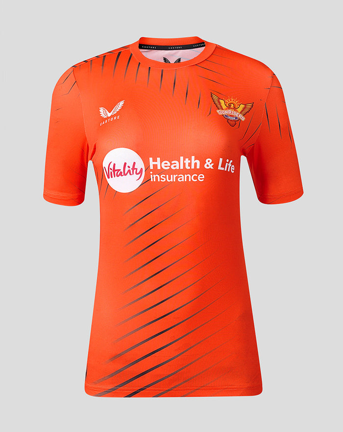 Bright orange Sunrisers Leeds training T shirt with diagonal dark stripes and crest on the chest with Vitality sponsor