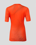 Back view of bright orange Sunrisers Leeds training T shirt with diagonal dark stripes running across the back and sleeves