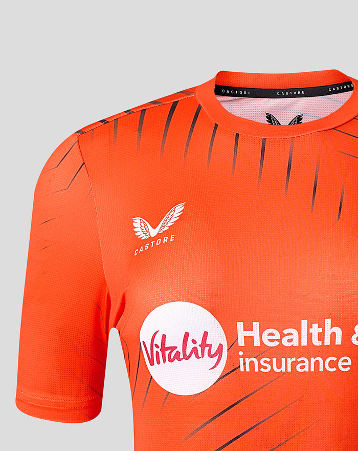 Bright orange Womens Sunrisers Leeds The Hundred short sleeve training T shirt with Vitality sponsor logo on the front